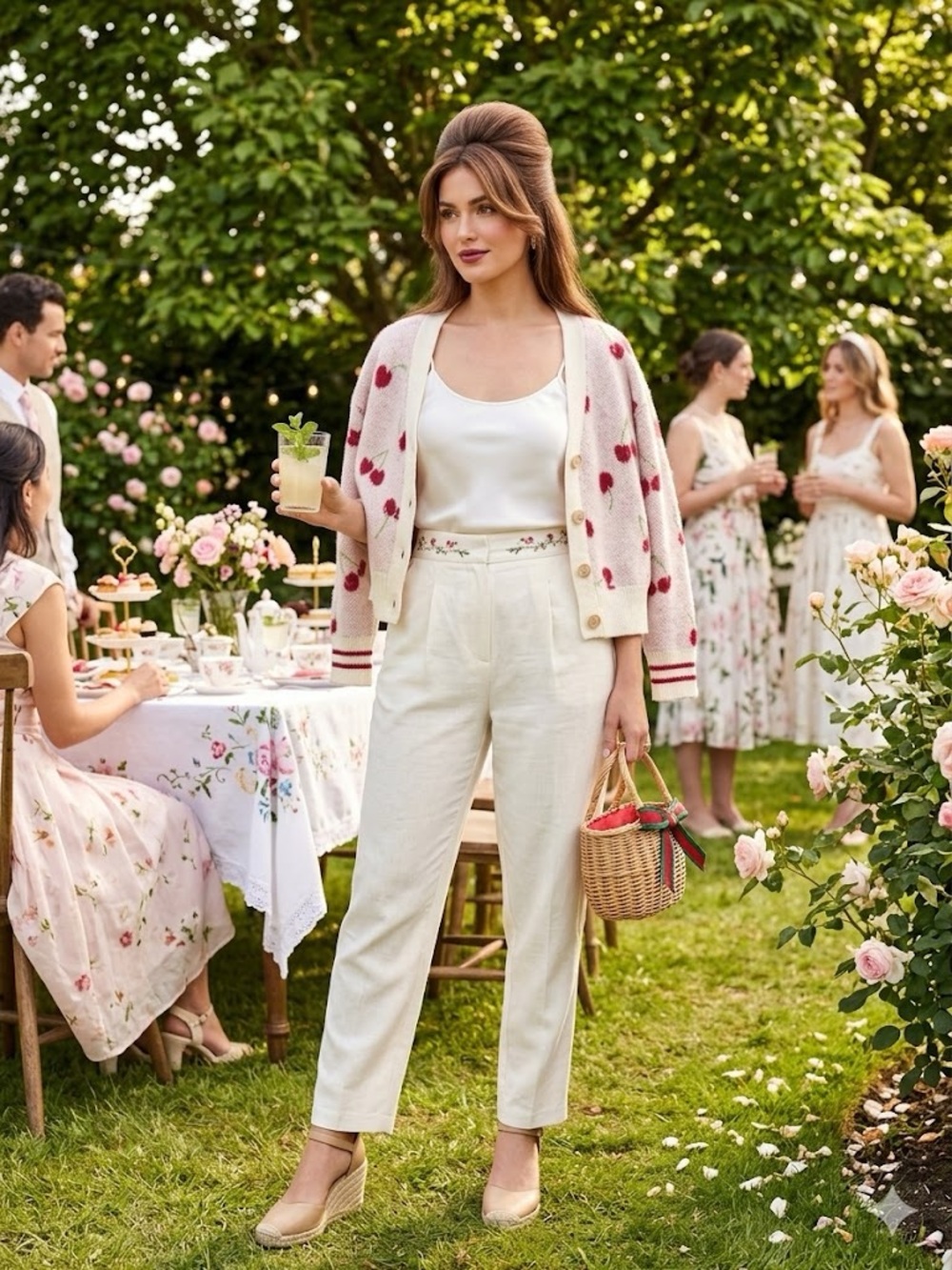 💖Ivory Floral-Embroidered High-Waist Trousers with Cream Heart Cardigan💖
